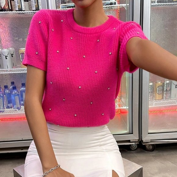 Rhinestone Crop Knit Top Pink - Picture 3 of 5